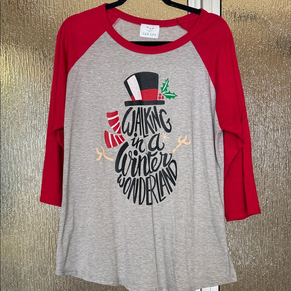 Women’s Red and Gray Christmas Raglan Shirt